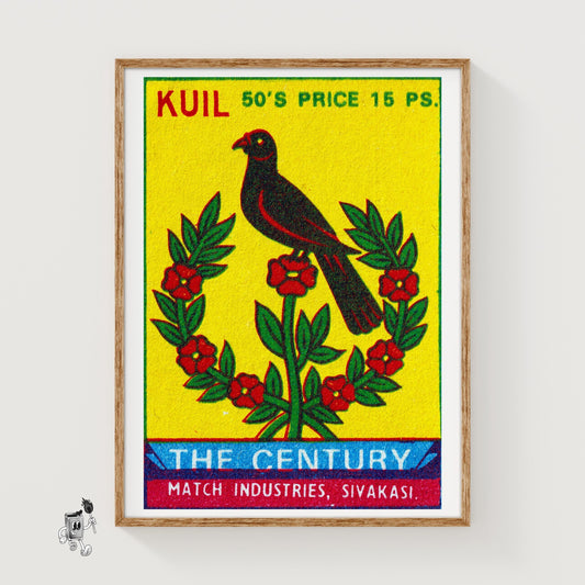 Black Bird with Red Flowers - vintage matchbox label print
