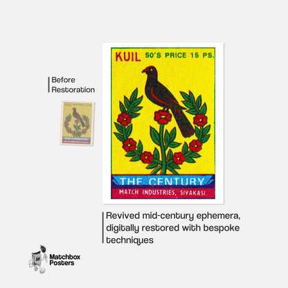 Black Bird with Red Flowers - vintage matchbox label print - framed wall art preview