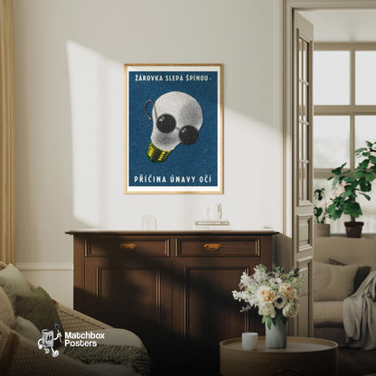 Light Bulb with Sunglasses - vintage matchbox label print - living room mockup