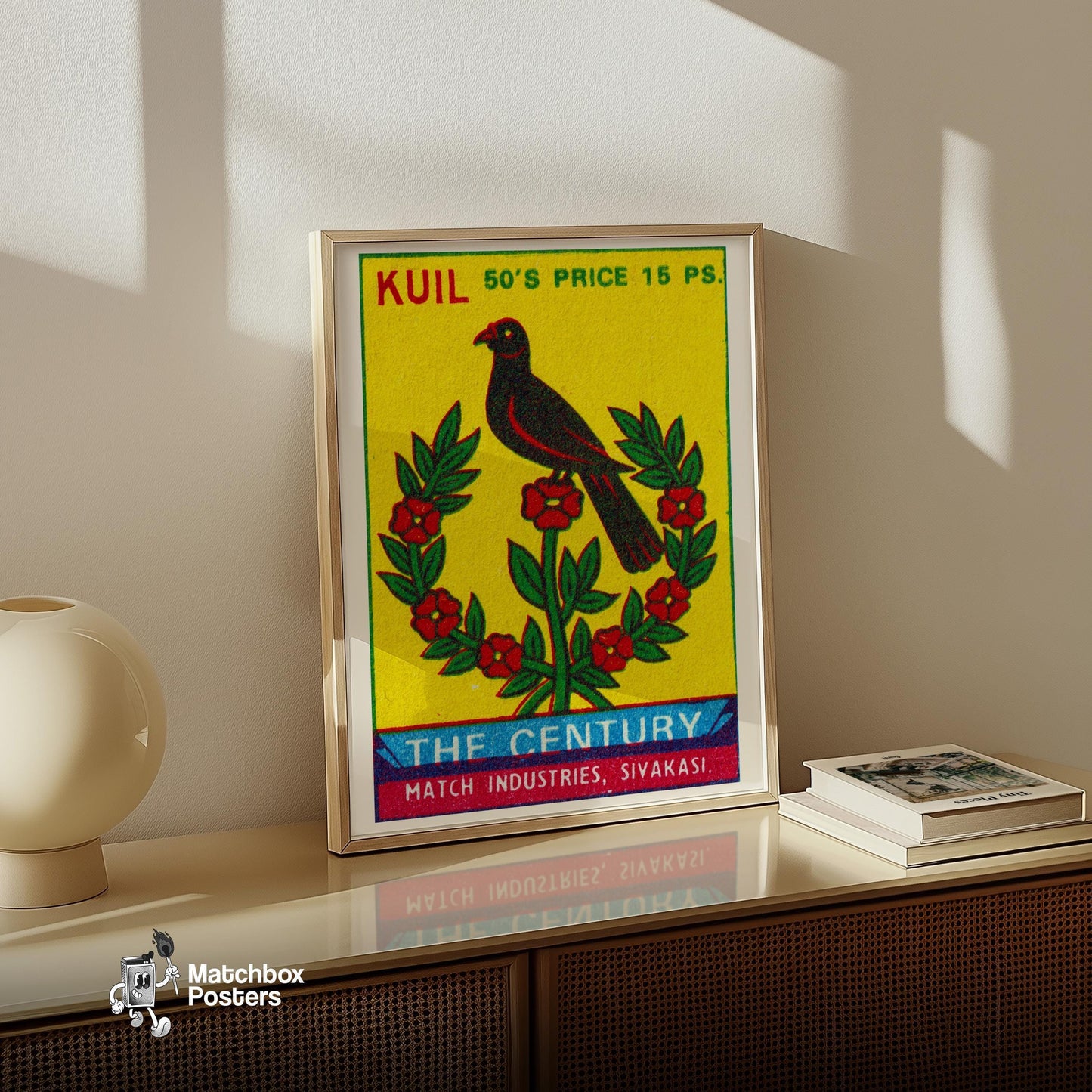 Black Bird with Red Flowers - vintage matchbox label print - size comparison