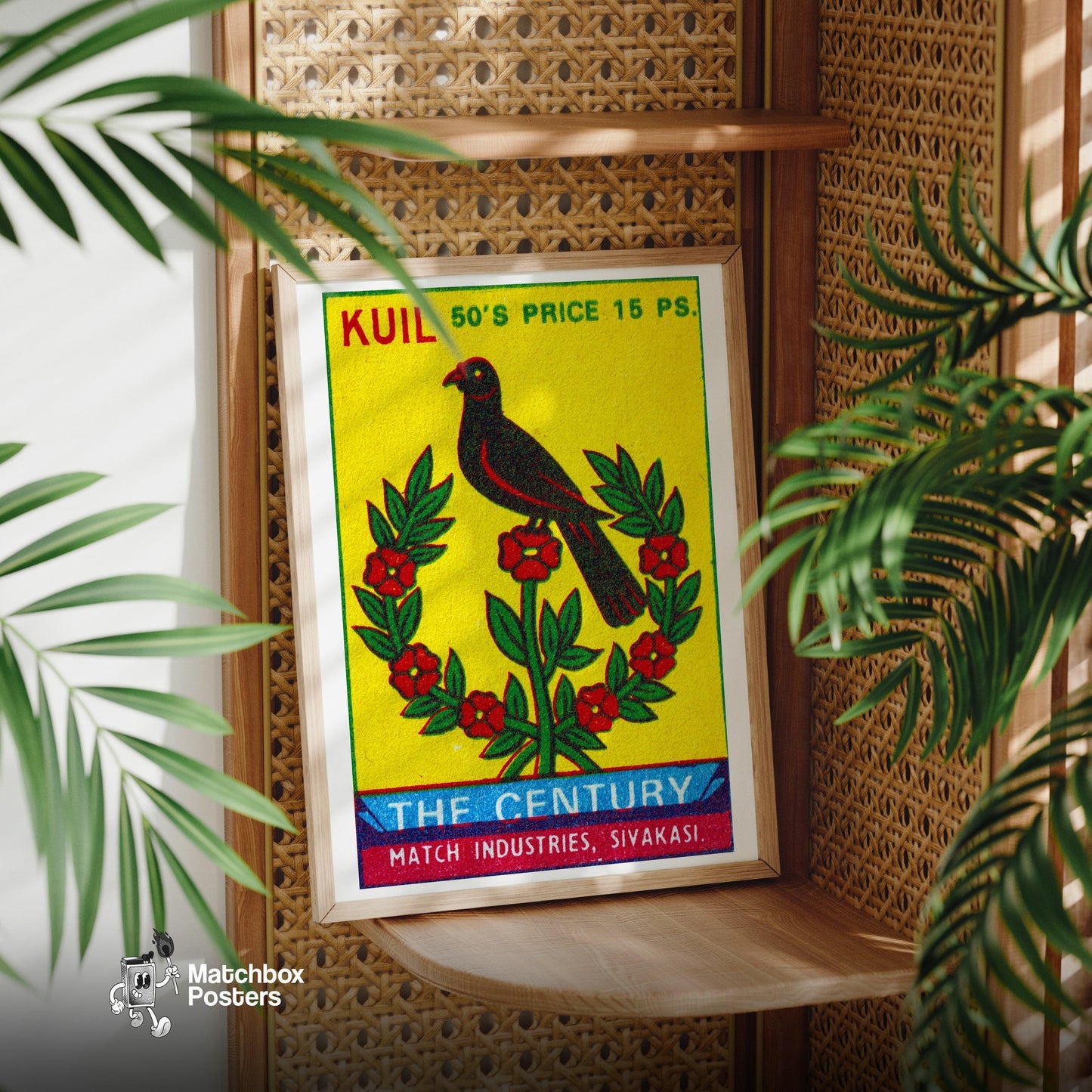 Black Bird with Red Flowers - vintage matchbox label print - office wall