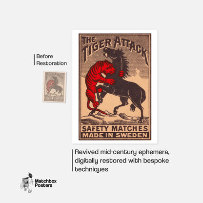 Tiger Attack - vintage matchbox label print - framed wall art preview
