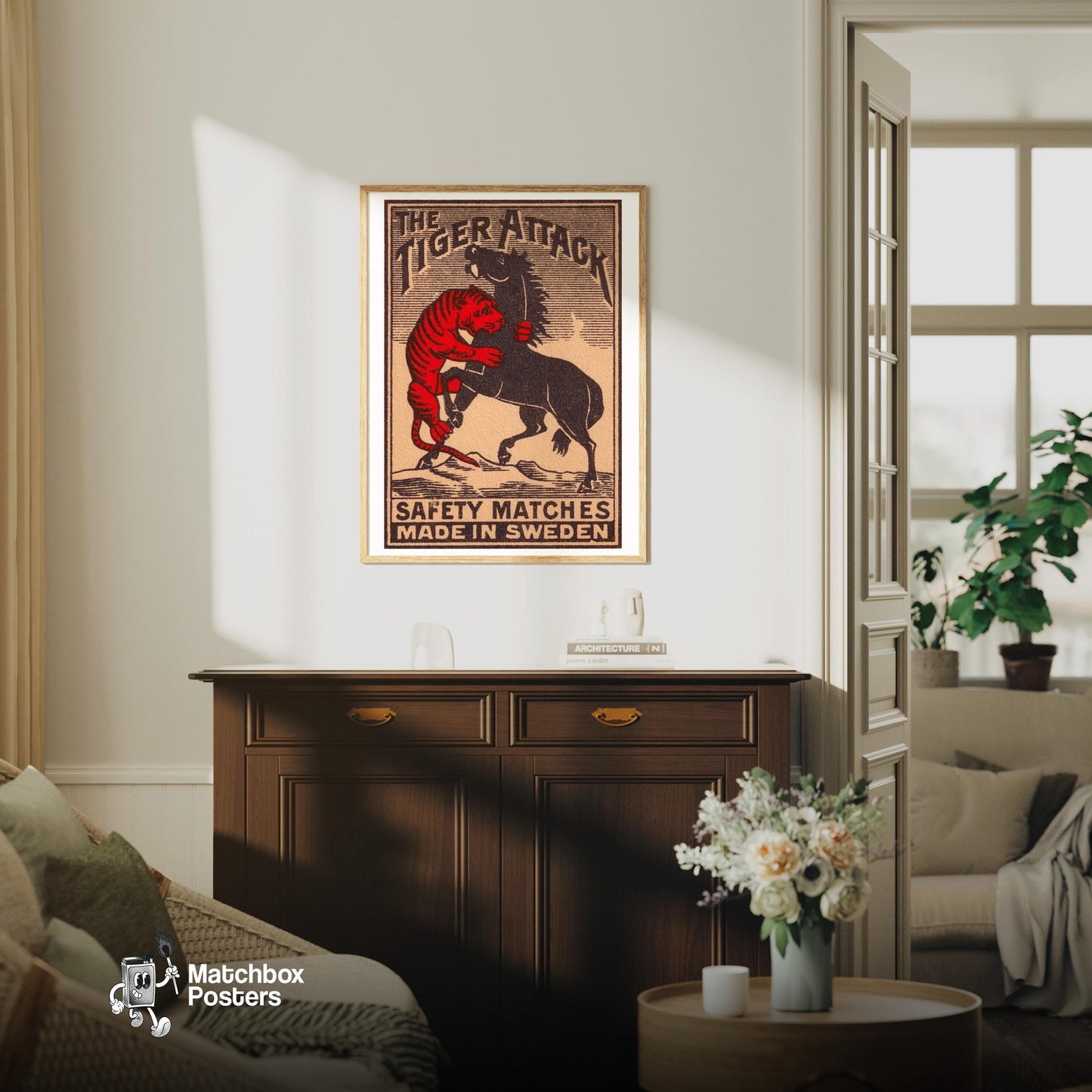 Tiger Attack - vintage matchbox label print - living room mockup