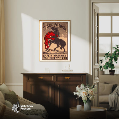 Tiger Attack - vintage matchbox label print - living room mockup