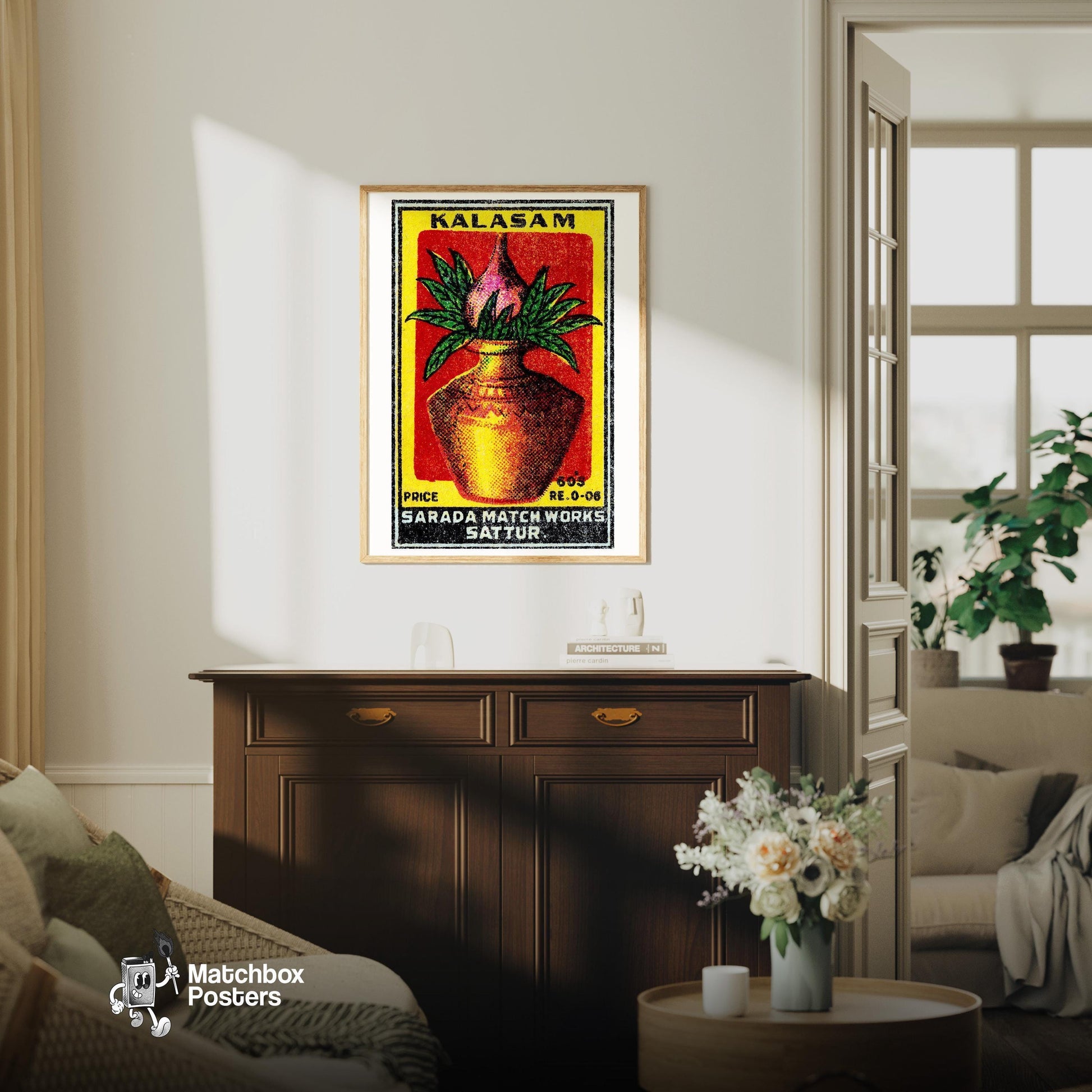 Decorative Pot with Leaves - vintage matchbox label print - living room mockup