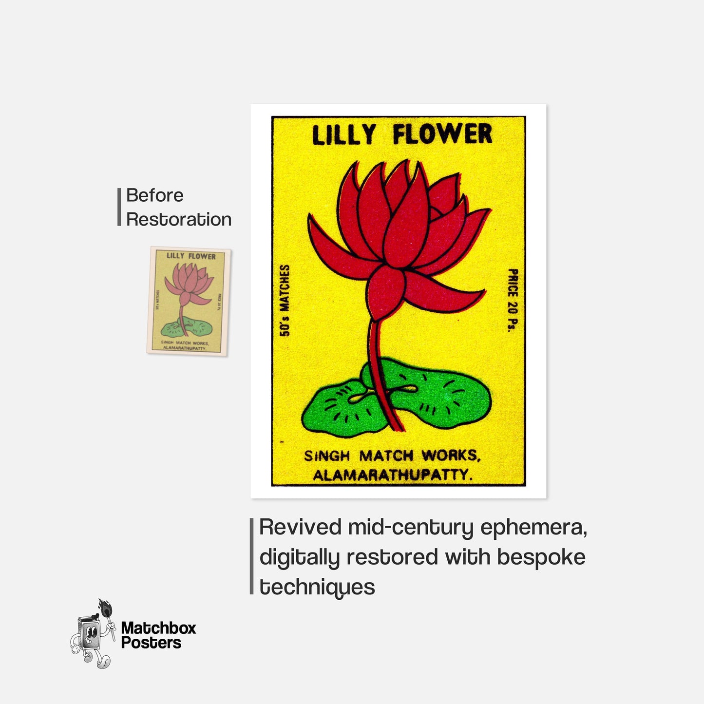 Red Lily Flower - vintage matchbox label print - framed wall art preview