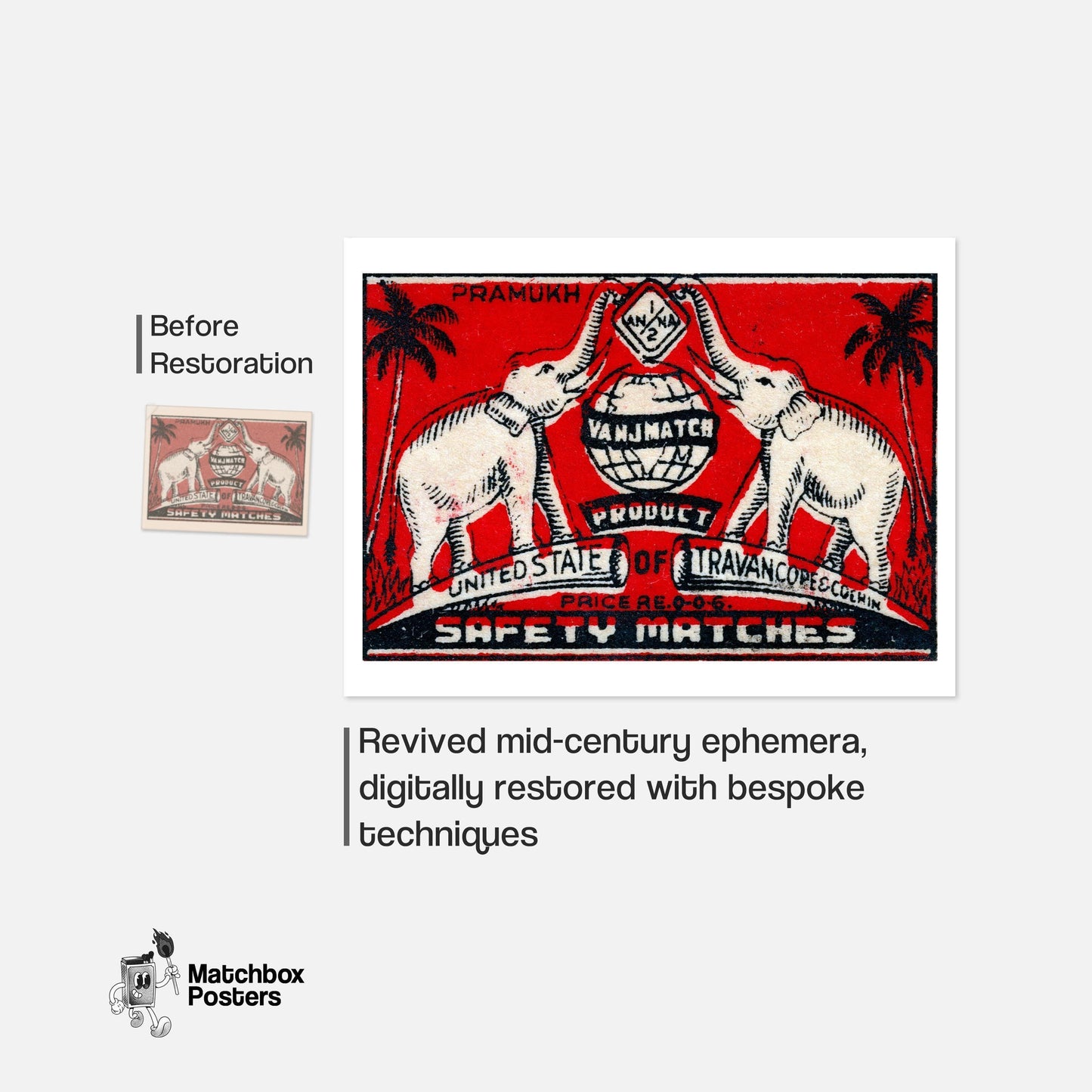 Travancore Elephants - vintage matchbox label print - framed wall art preview