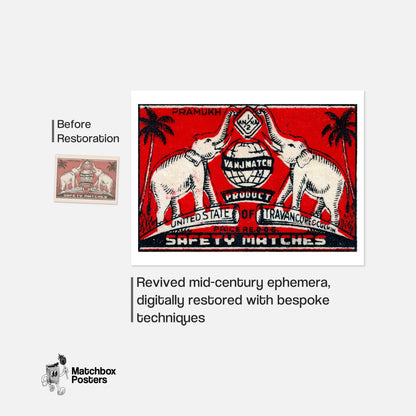 Travancore Elephants - vintage matchbox label print - framed wall art preview