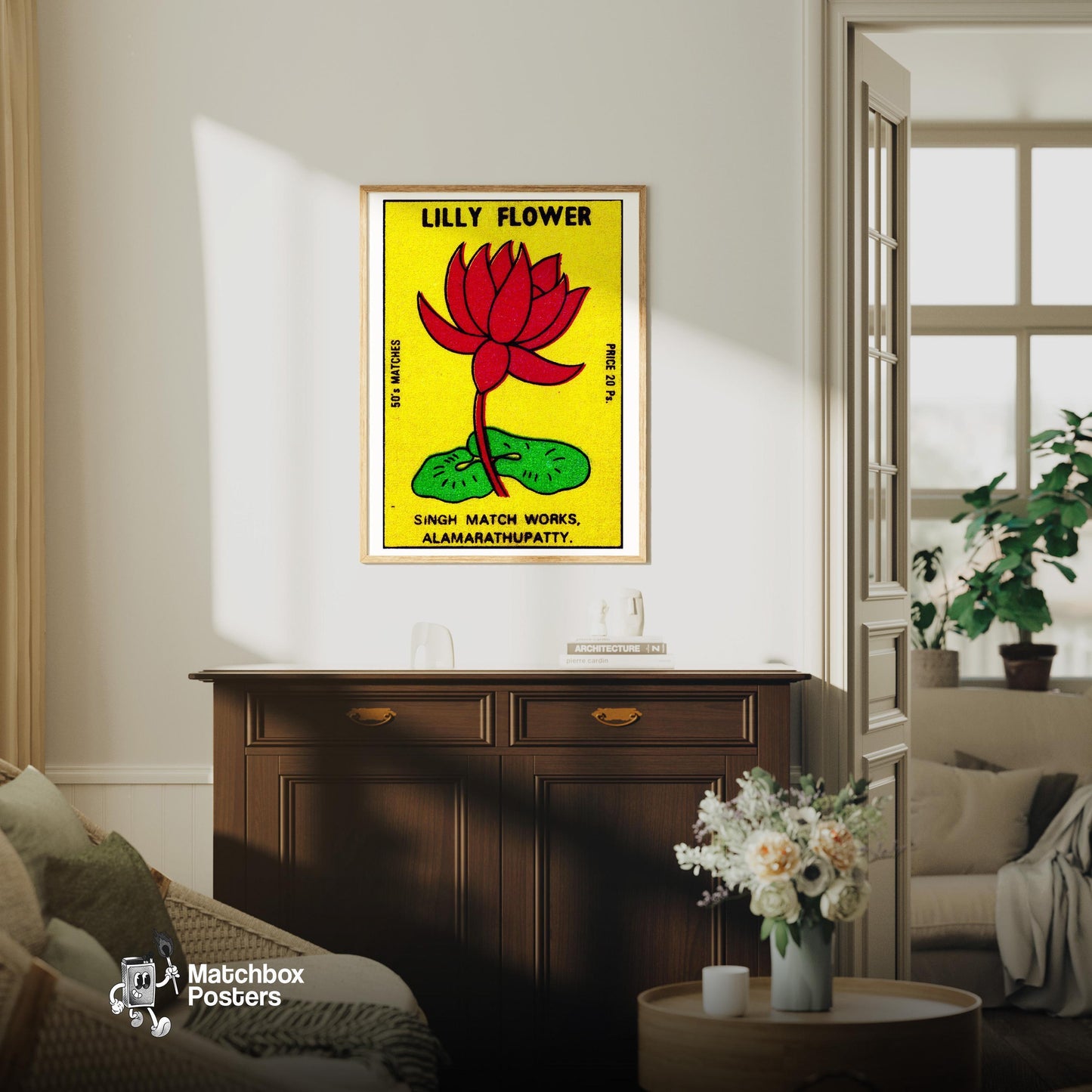 Red Lily Flower - vintage matchbox label print - living room mockup