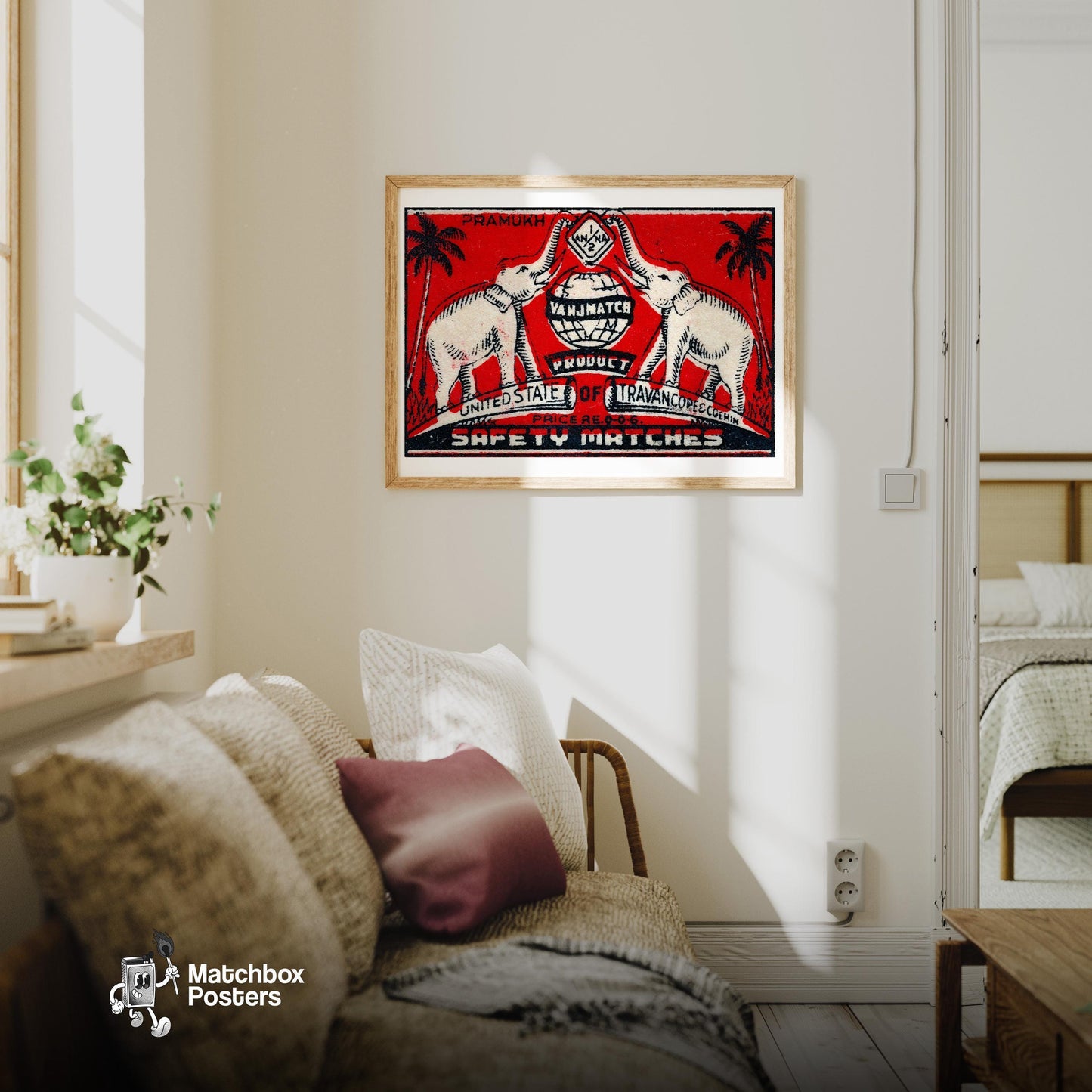 Travancore Elephants - vintage matchbox label print - living room mockup
