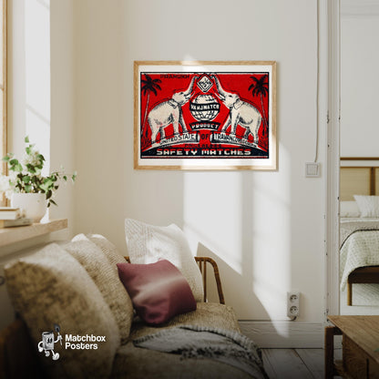 Travancore Elephants - vintage matchbox label print - living room mockup