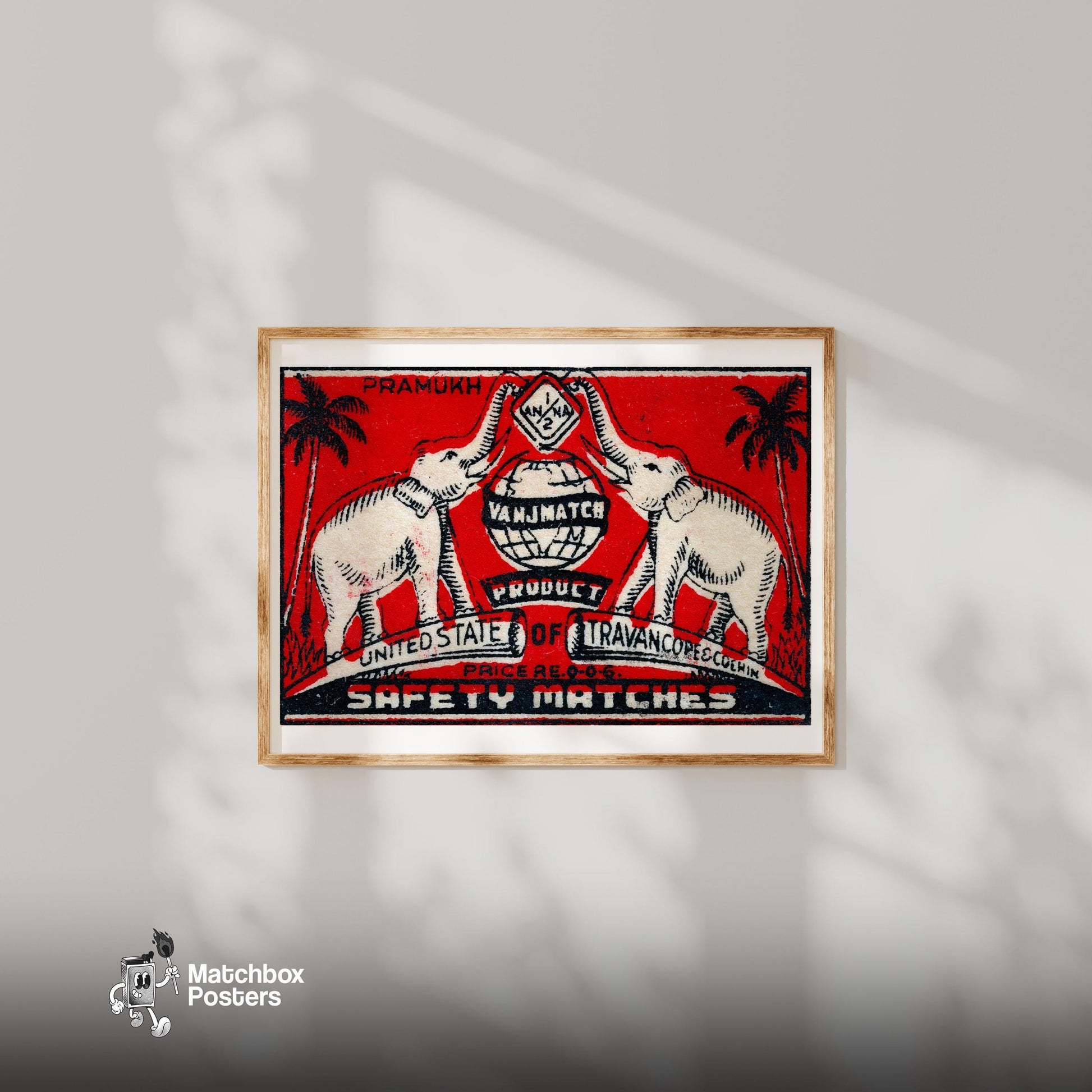 Travancore Elephants - vintage matchbox label print - bedroom mockup