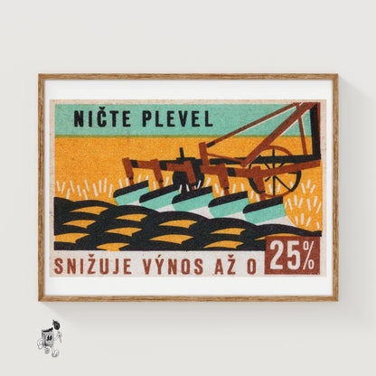 Plow in Field - vintage matchbox label print