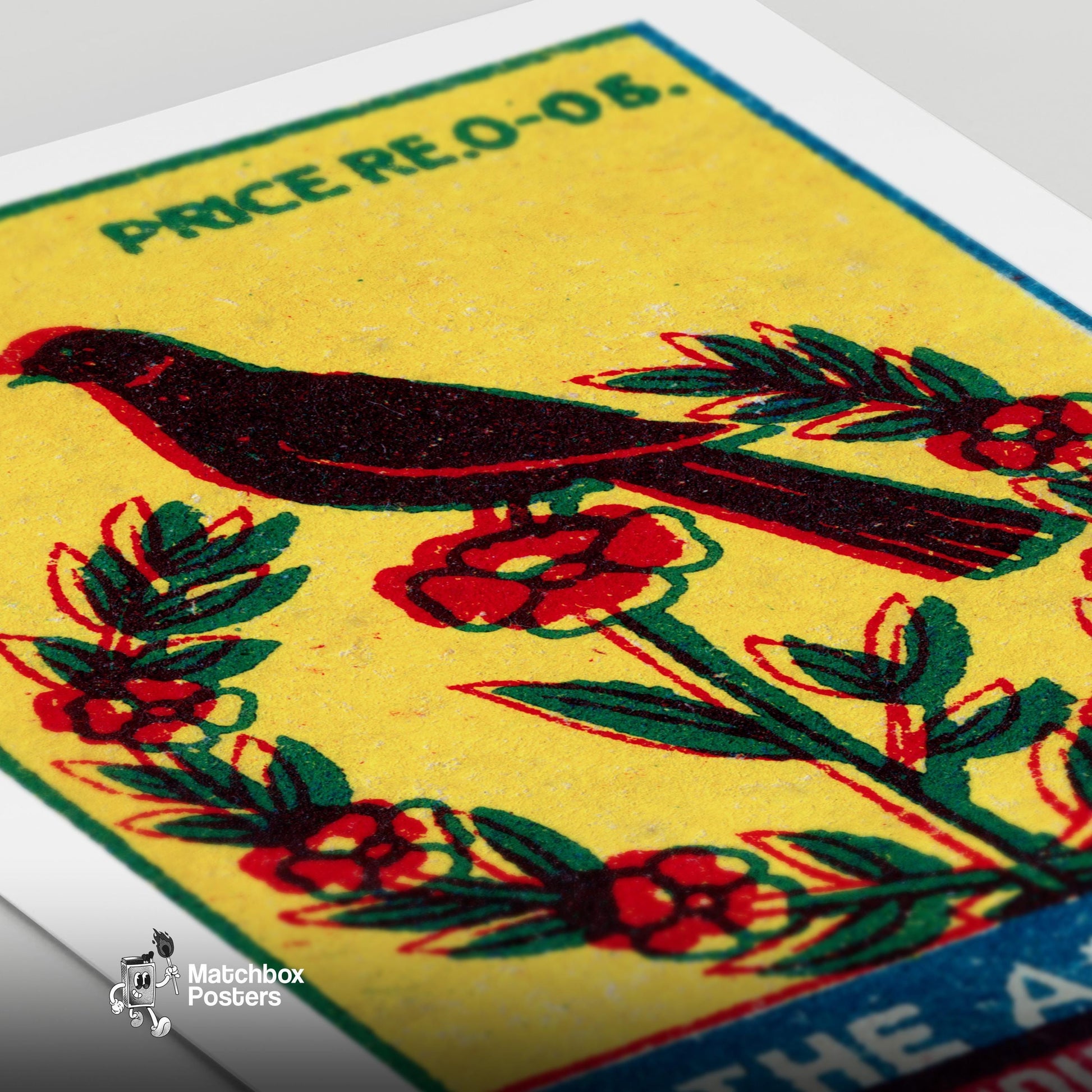 Black Bird Perched - vintage matchbox label print - close-up detail