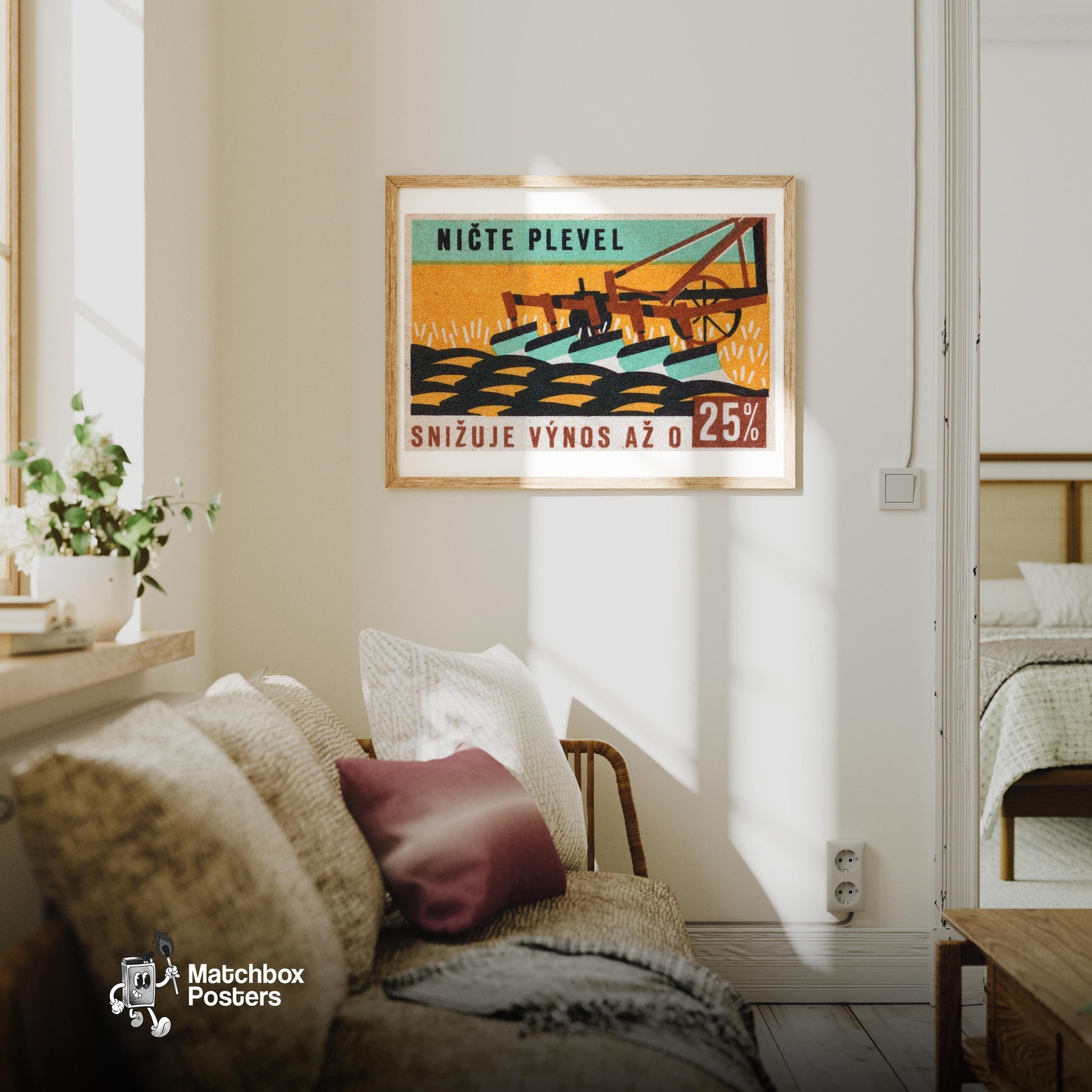 Plow in Field - vintage matchbox label print - living room mockup