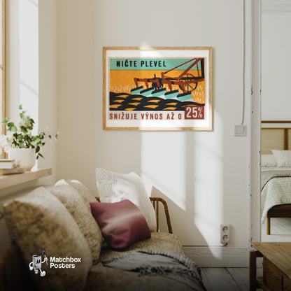 Plow in Field - vintage matchbox label print - living room mockup