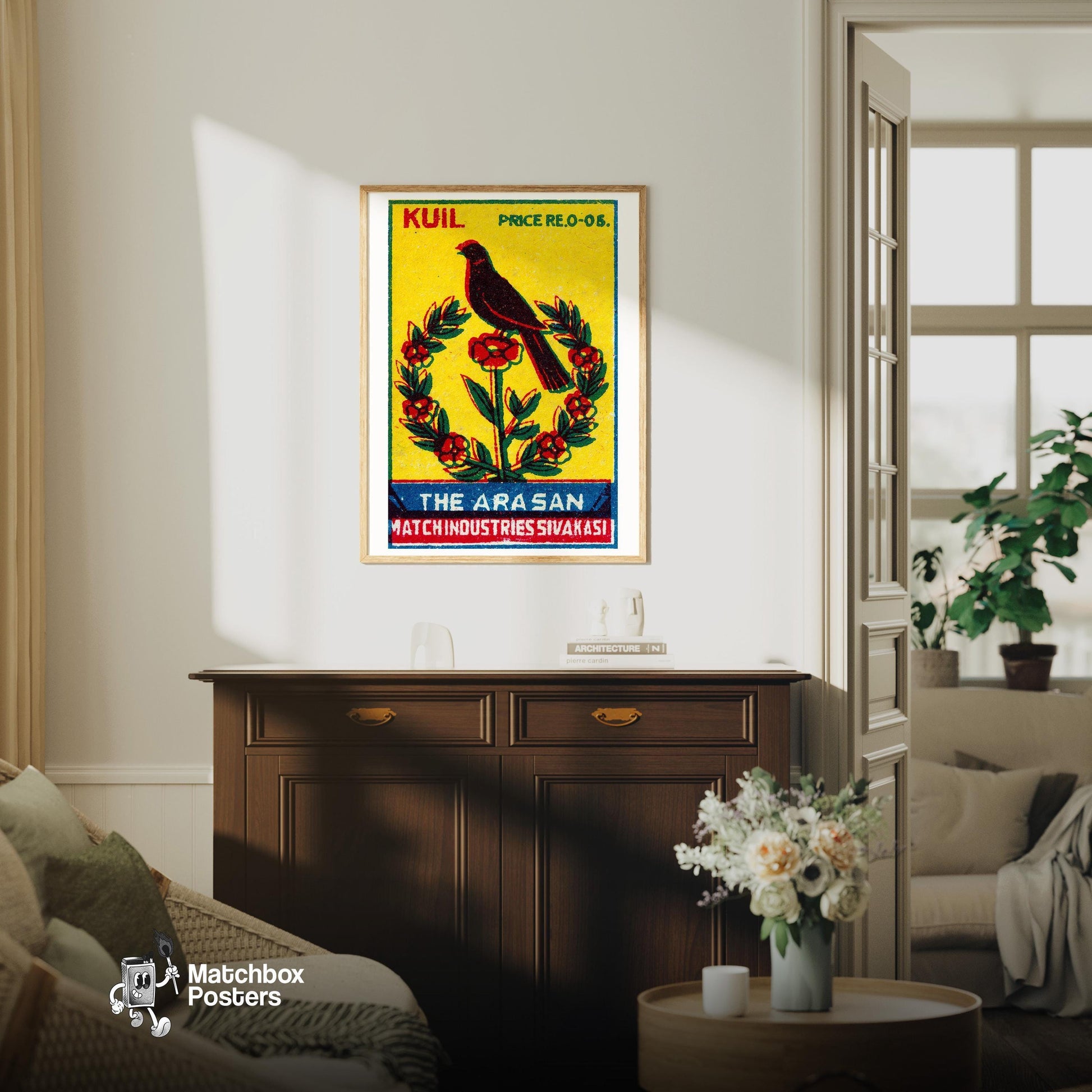 Black Bird Perched - vintage matchbox label print - living room mockup