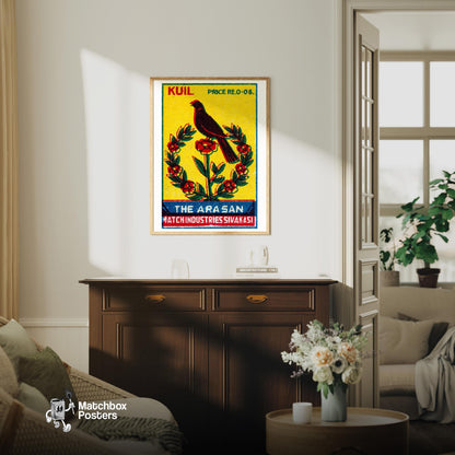 Black Bird Perched - vintage matchbox label print - living room mockup