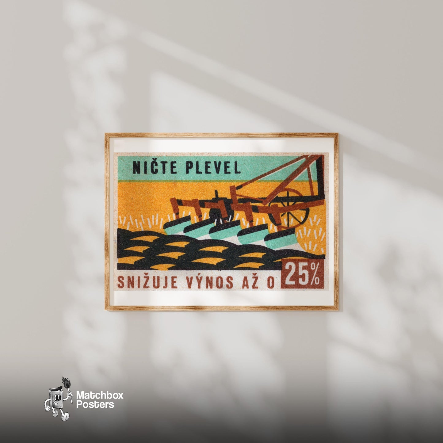 Plow in Field - vintage matchbox label print - bedroom mockup