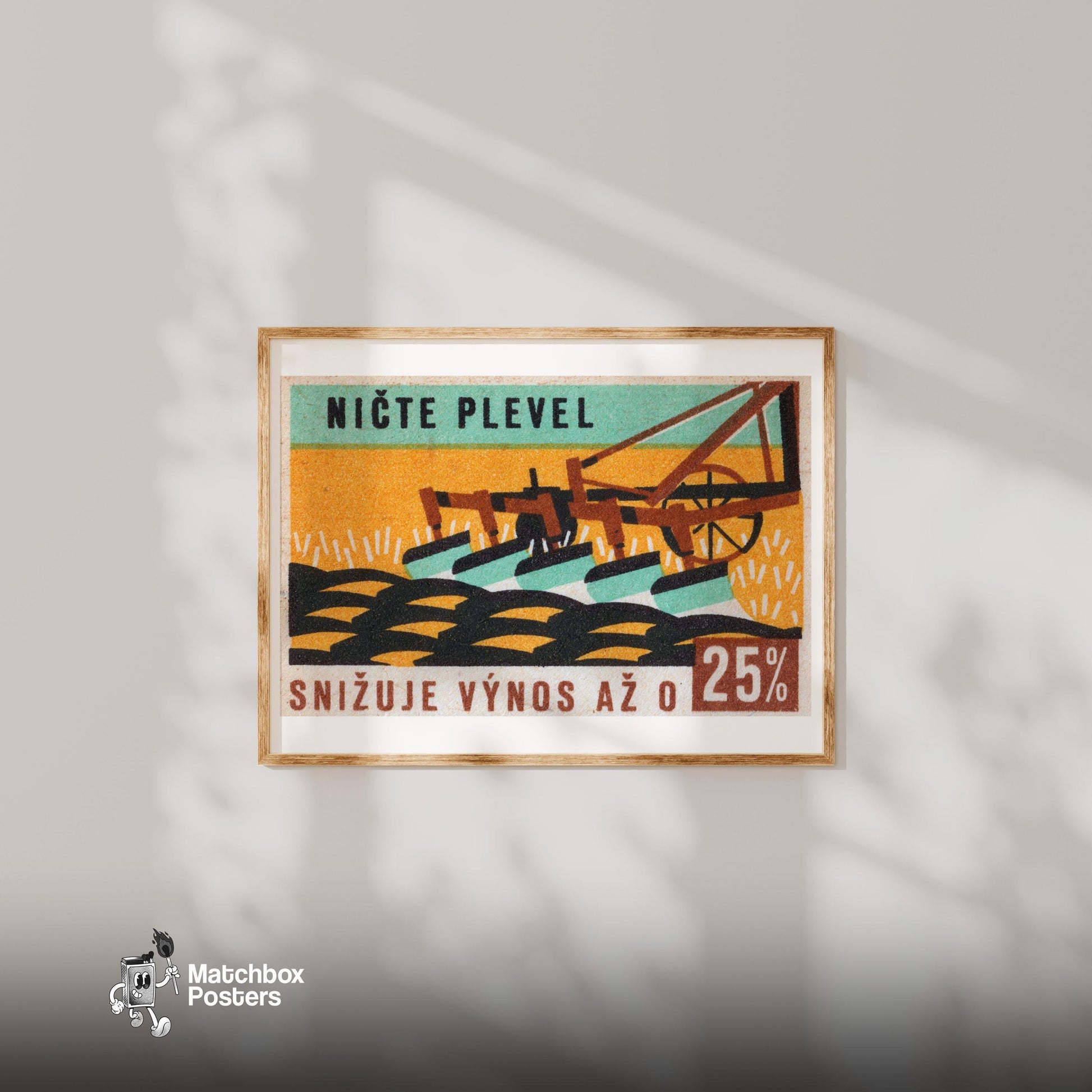 Plow in Field - vintage matchbox label print - bedroom mockup