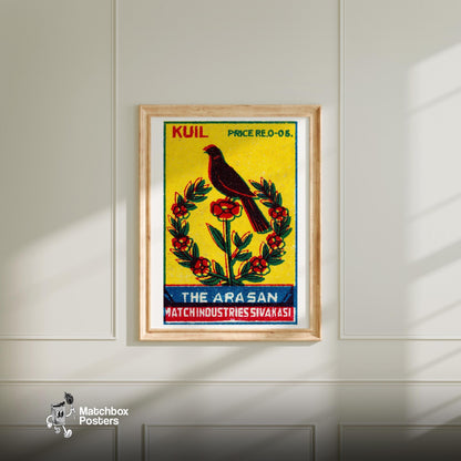 Black Bird Perched - vintage matchbox label print - bedroom mockup