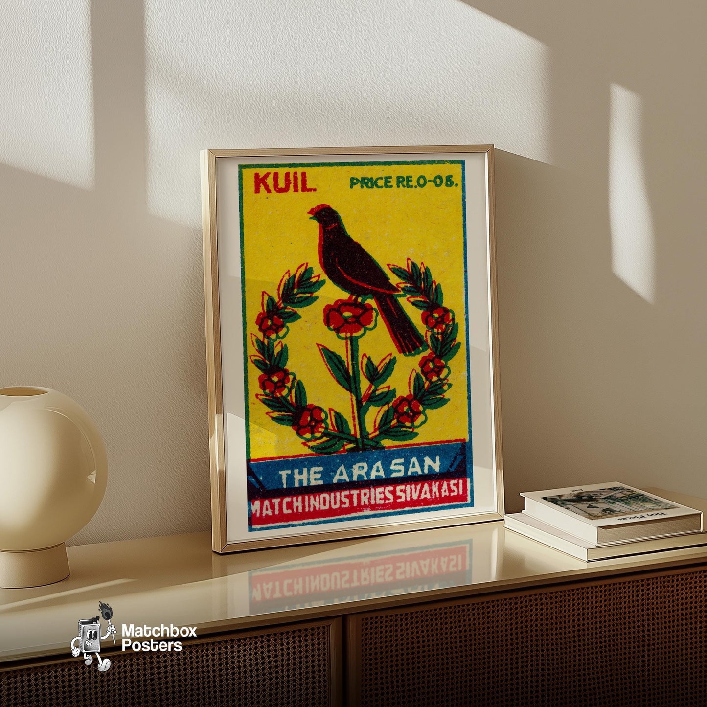Black Bird Perched - vintage matchbox label print - size comparison