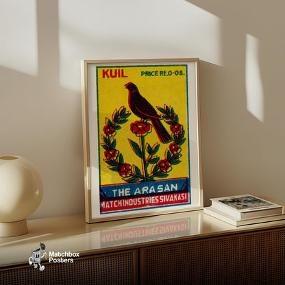 Black Bird Perched - vintage matchbox label print - size comparison