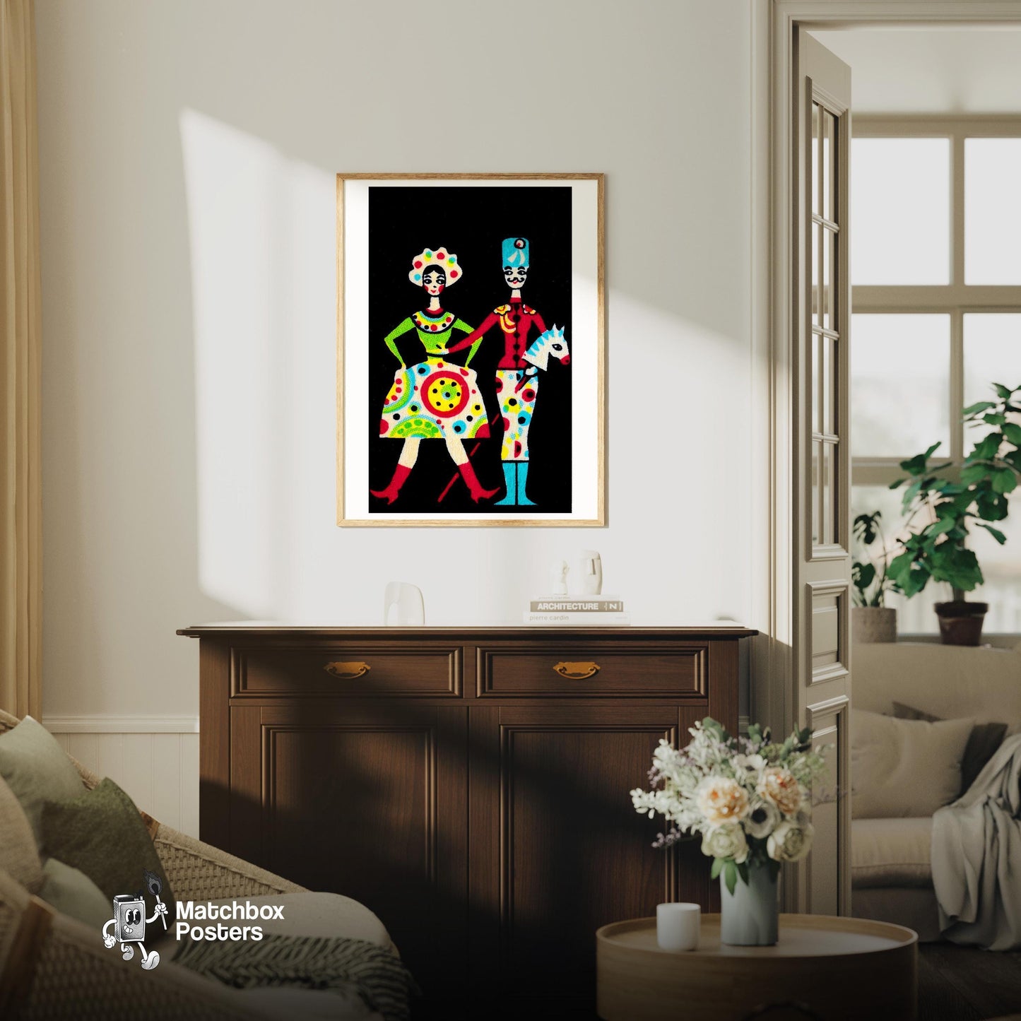 Circus Toy Dancers - vintage matchbox label print - living room mockup