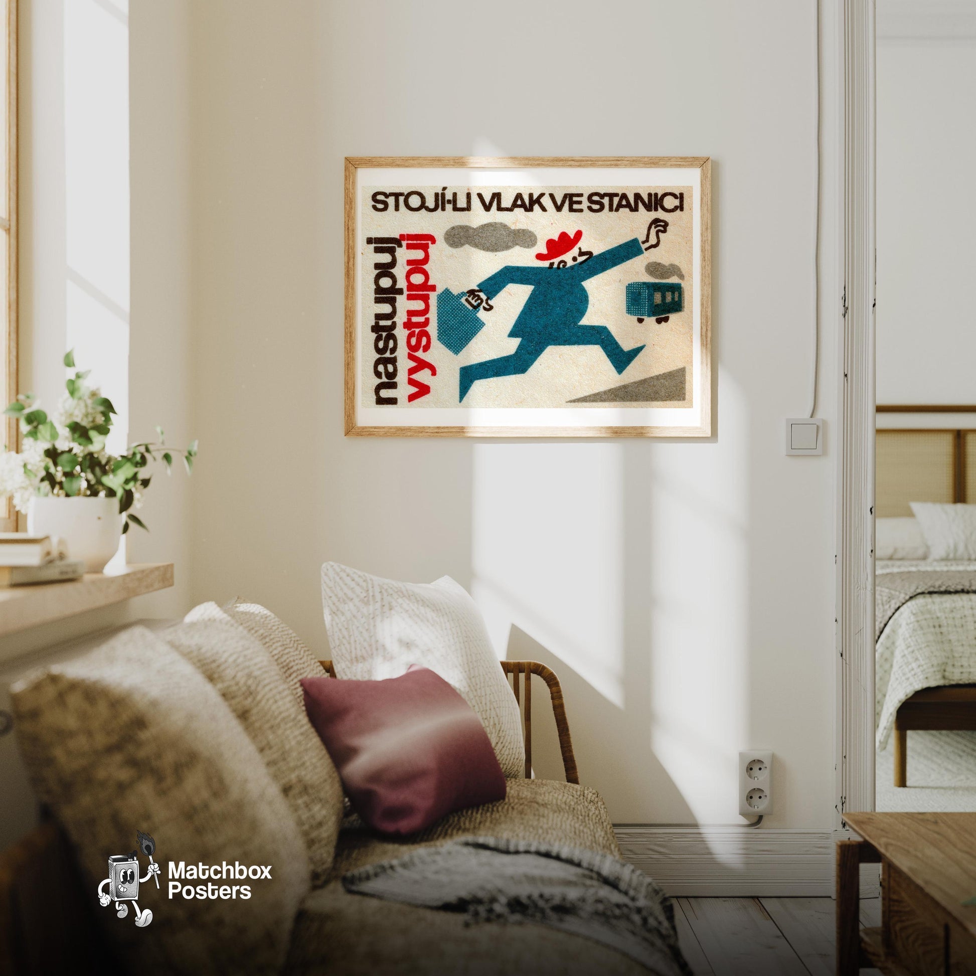 Man Chasing Train - vintage matchbox label print - living room mockup