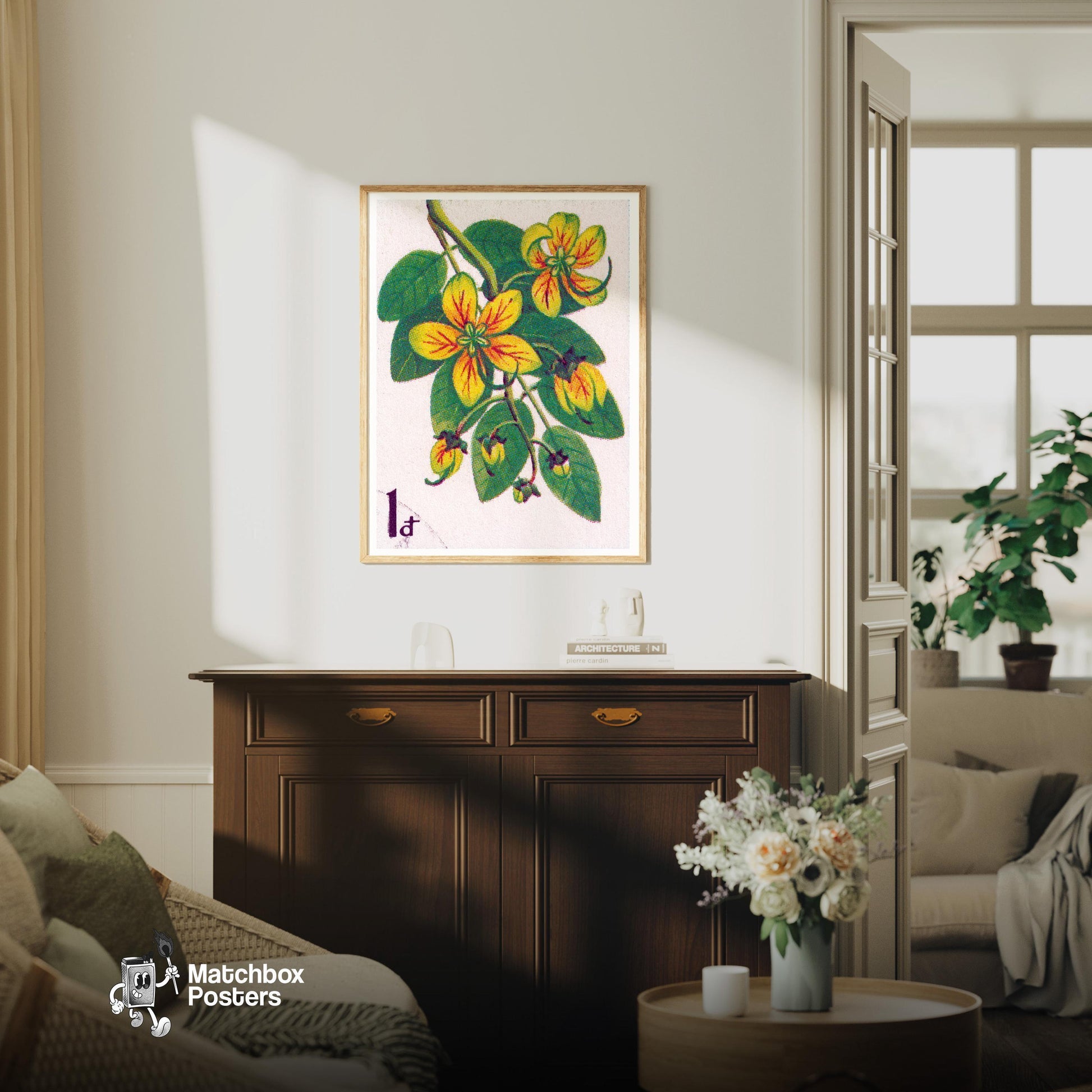 Cactus Flower - vintage matchbox label print - living room mockup