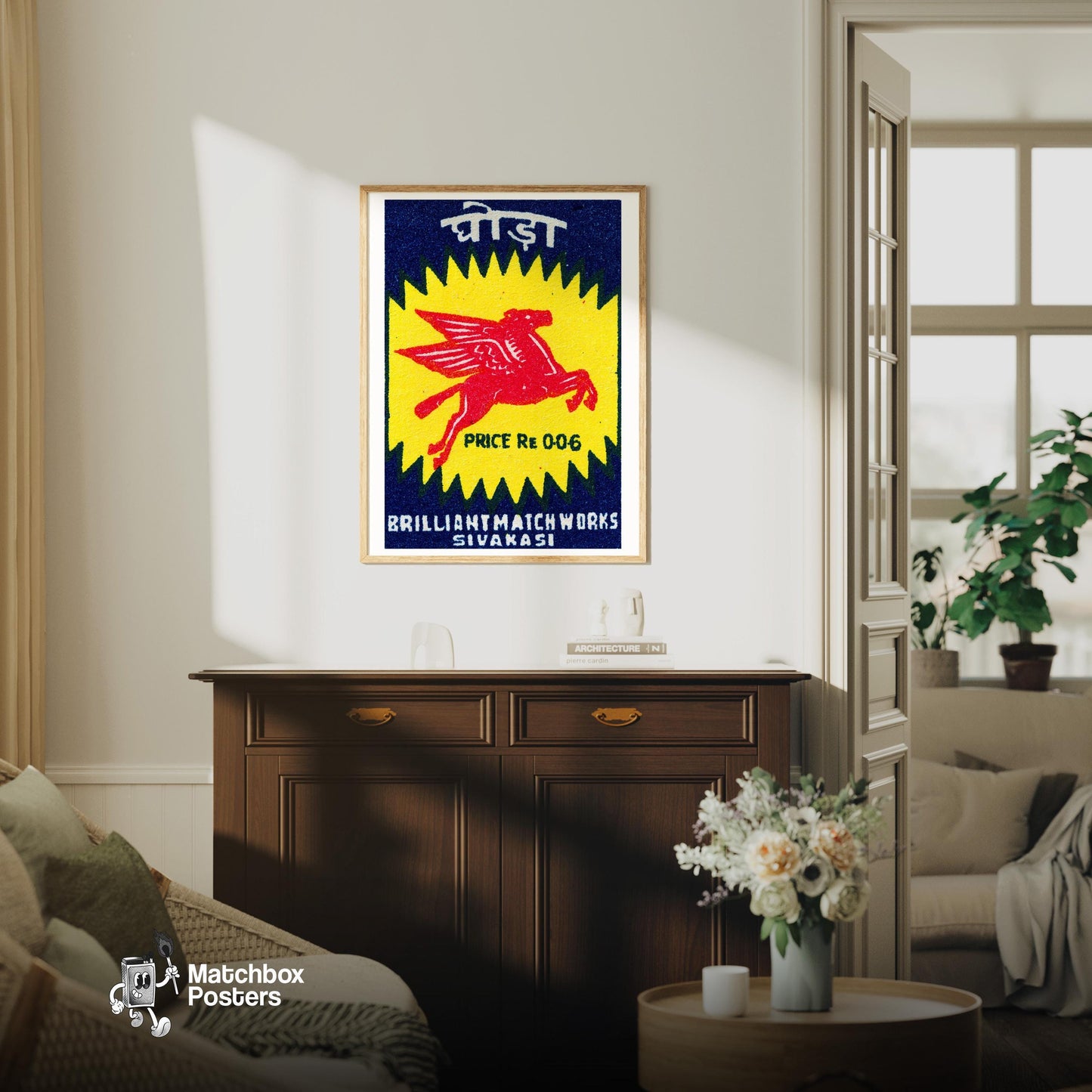 Red Pegasus - vintage matchbox label print - living room mockup