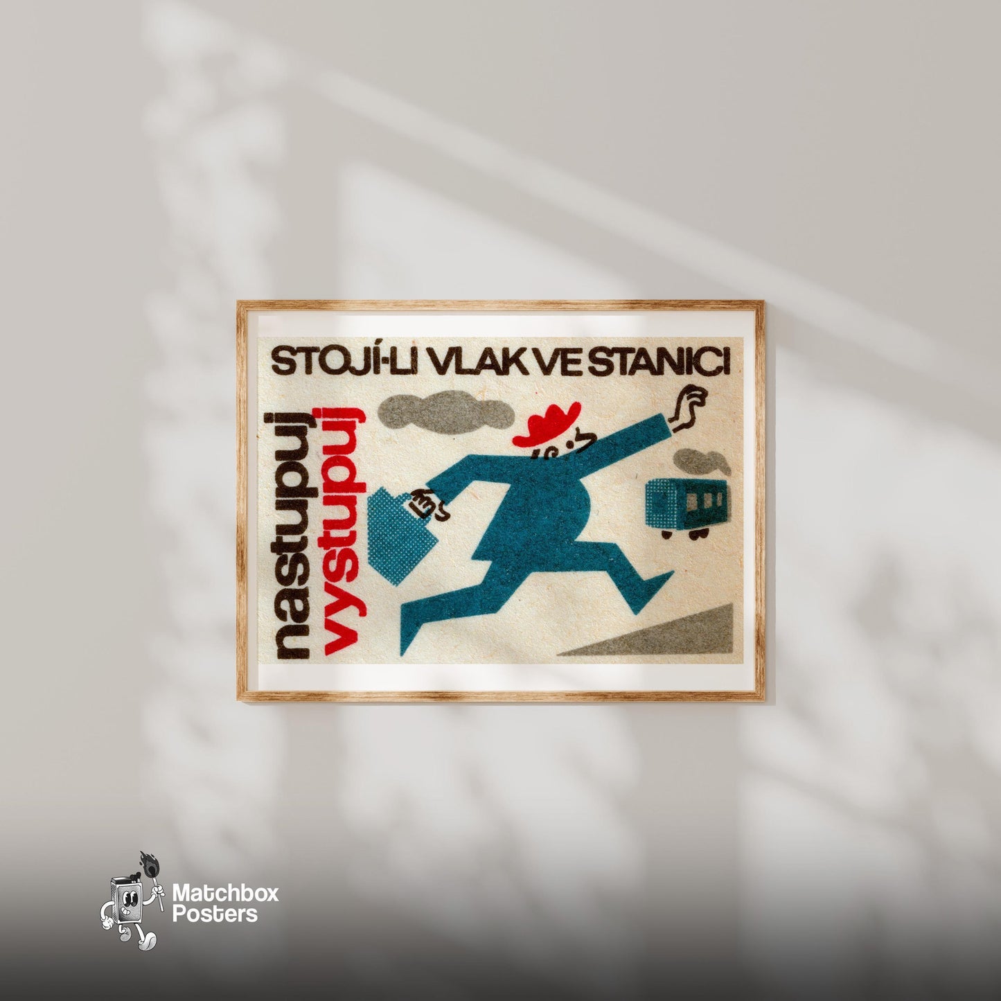 Man Chasing Train - vintage matchbox label print - bedroom mockup