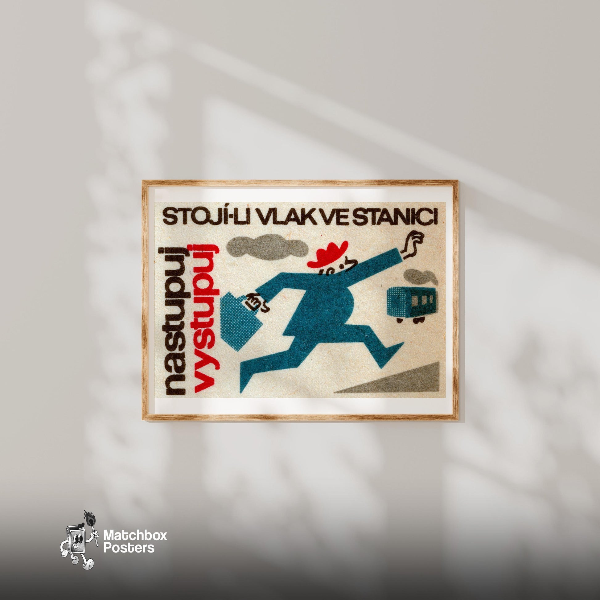 Man Chasing Train - vintage matchbox label print - bedroom mockup
