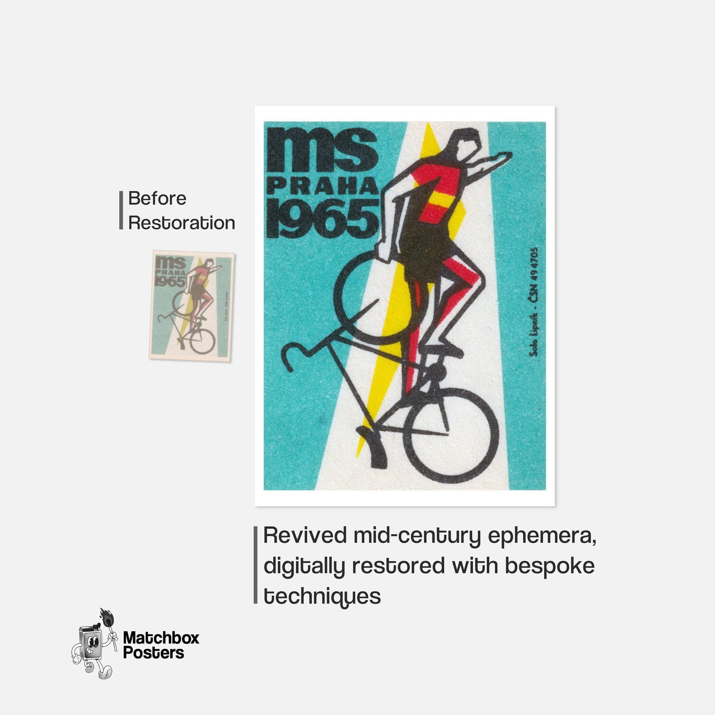 Stylized Cyclist - vintage matchbox label print - framed wall art preview