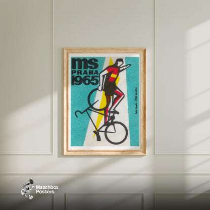 Stylized Cyclist - vintage matchbox label print - bedroom mockup