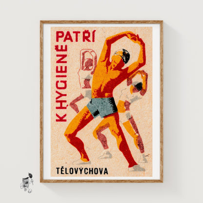 People Stretching - vintage matchbox label print