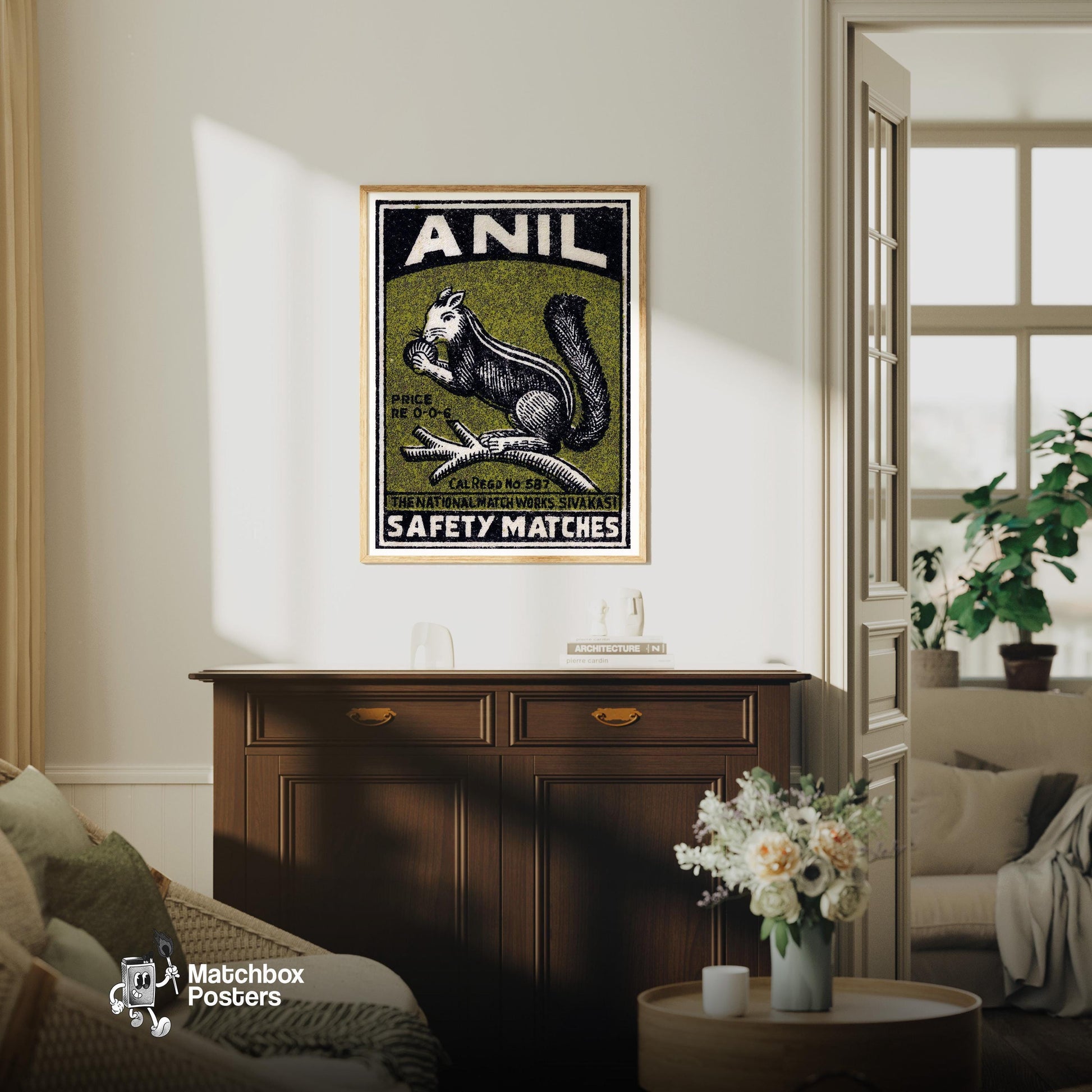 Squirrel - vintage matchbox label print - living room mockup