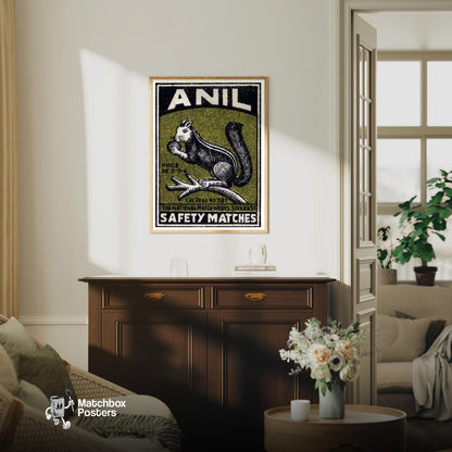 Squirrel - vintage matchbox label print - living room mockup