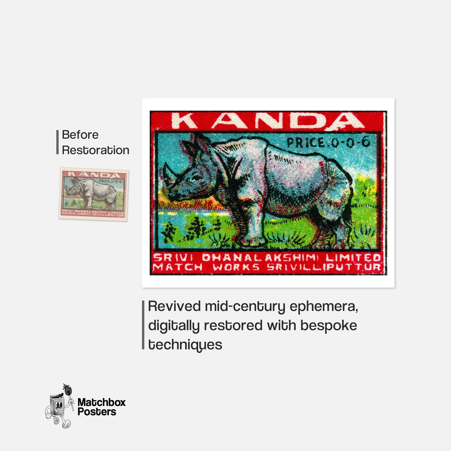 Rhinoceros - vintage matchbox label print - framed wall art preview