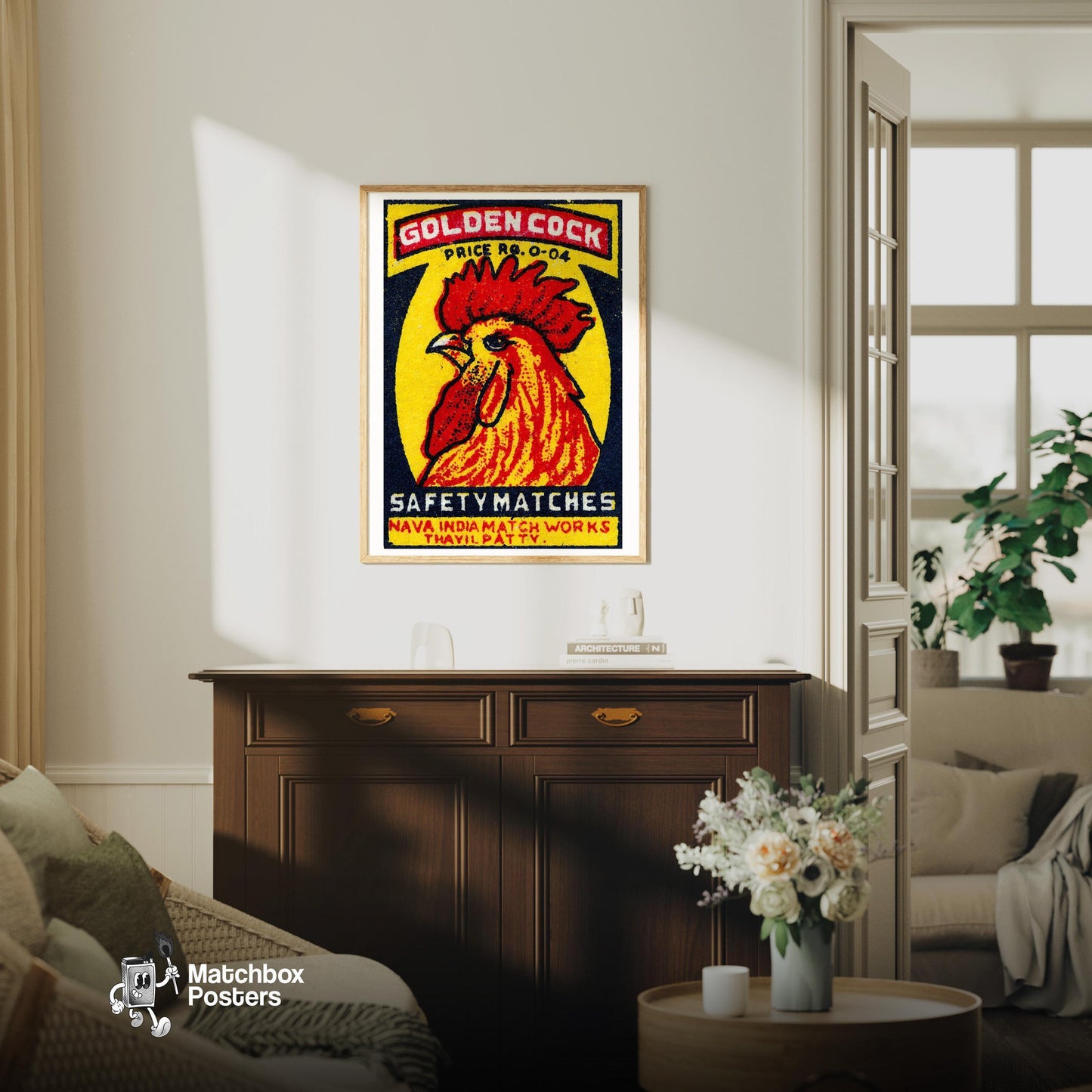 Golden Cock - vintage matchbox label print - living room mockup