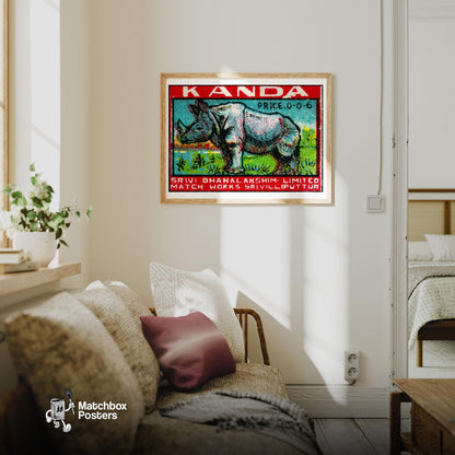 Rhinoceros - vintage matchbox label print - living room mockup