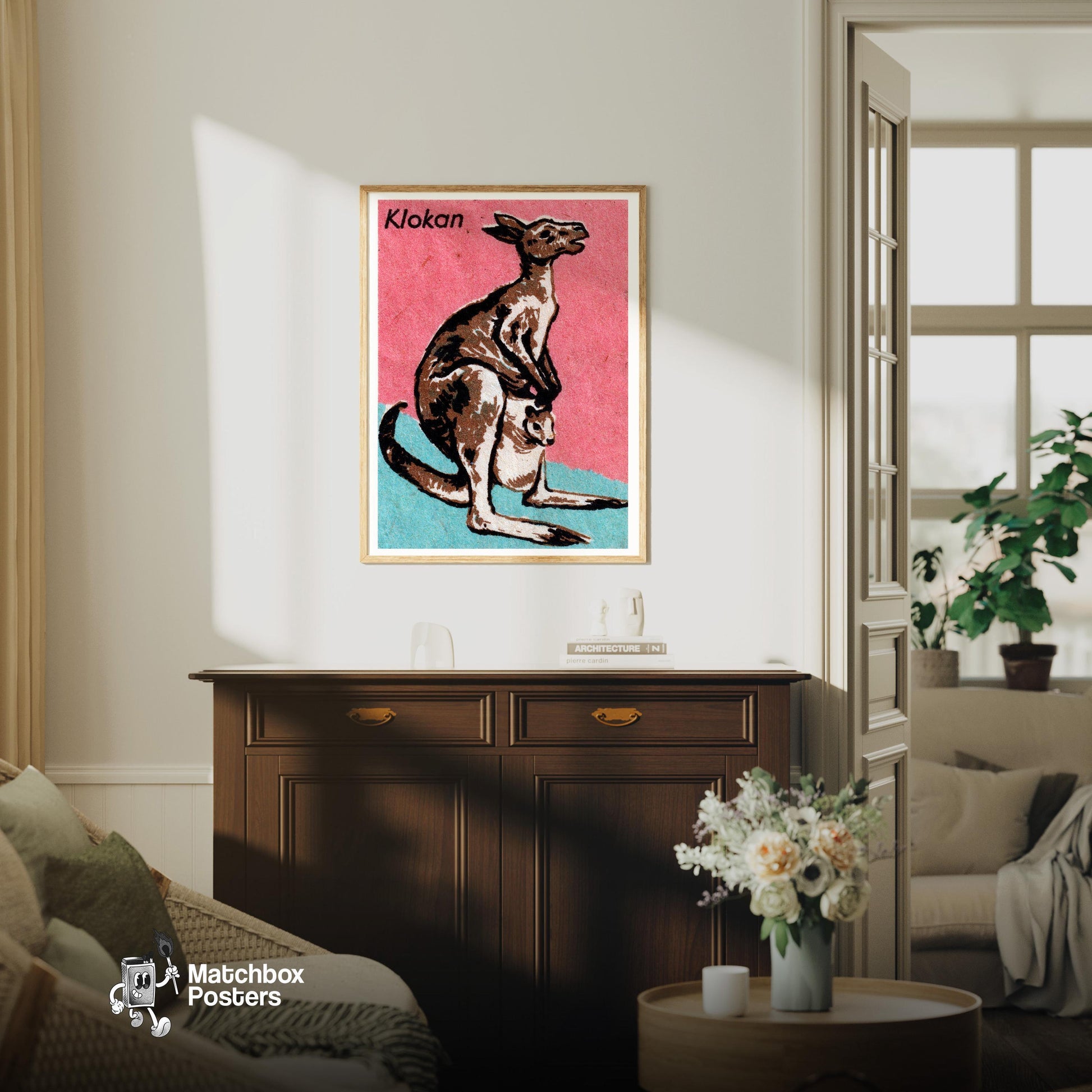 Kangaroo and Joey - vintage matchbox label print - living room mockup