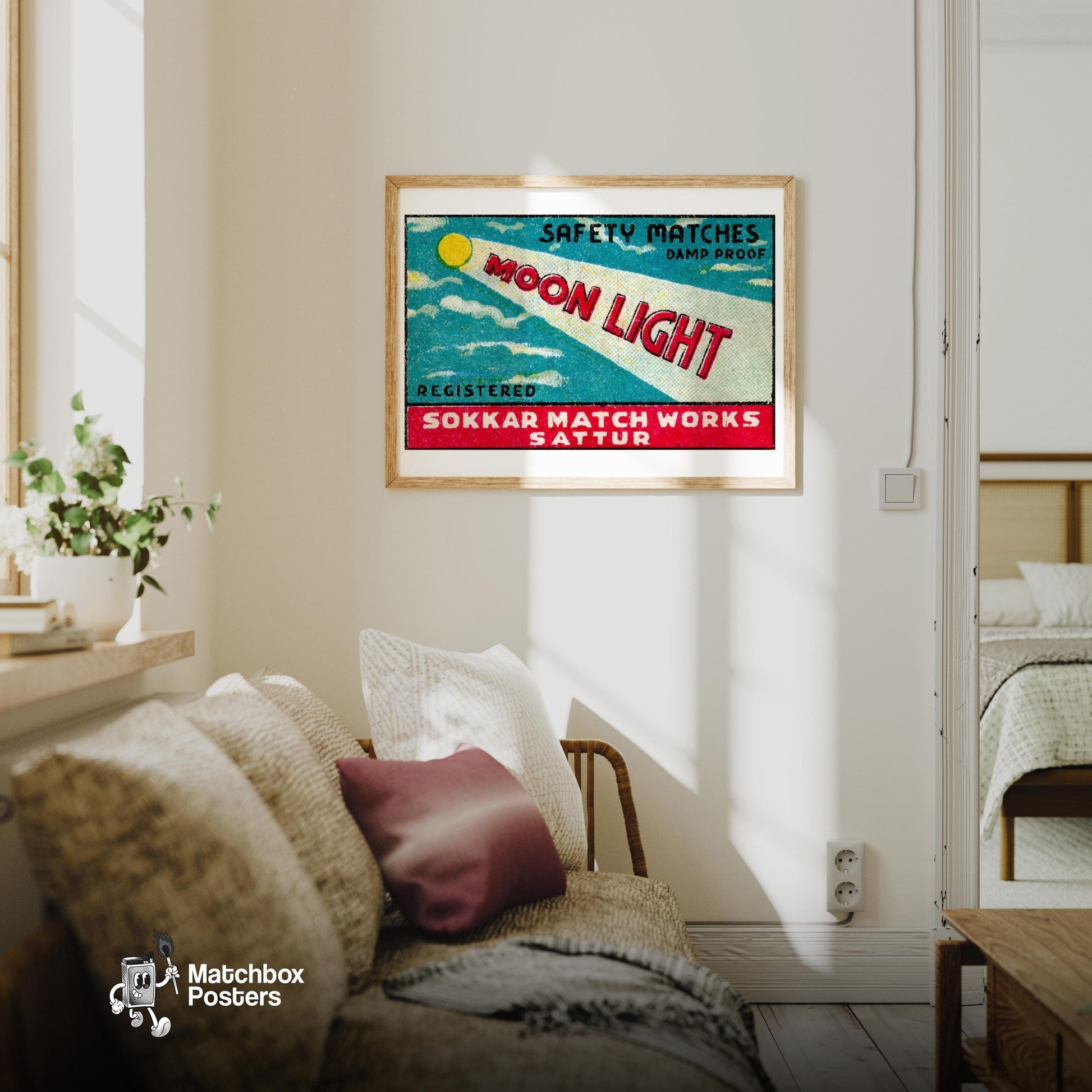 Moonlight - vintage matchbox label print - living room mockup