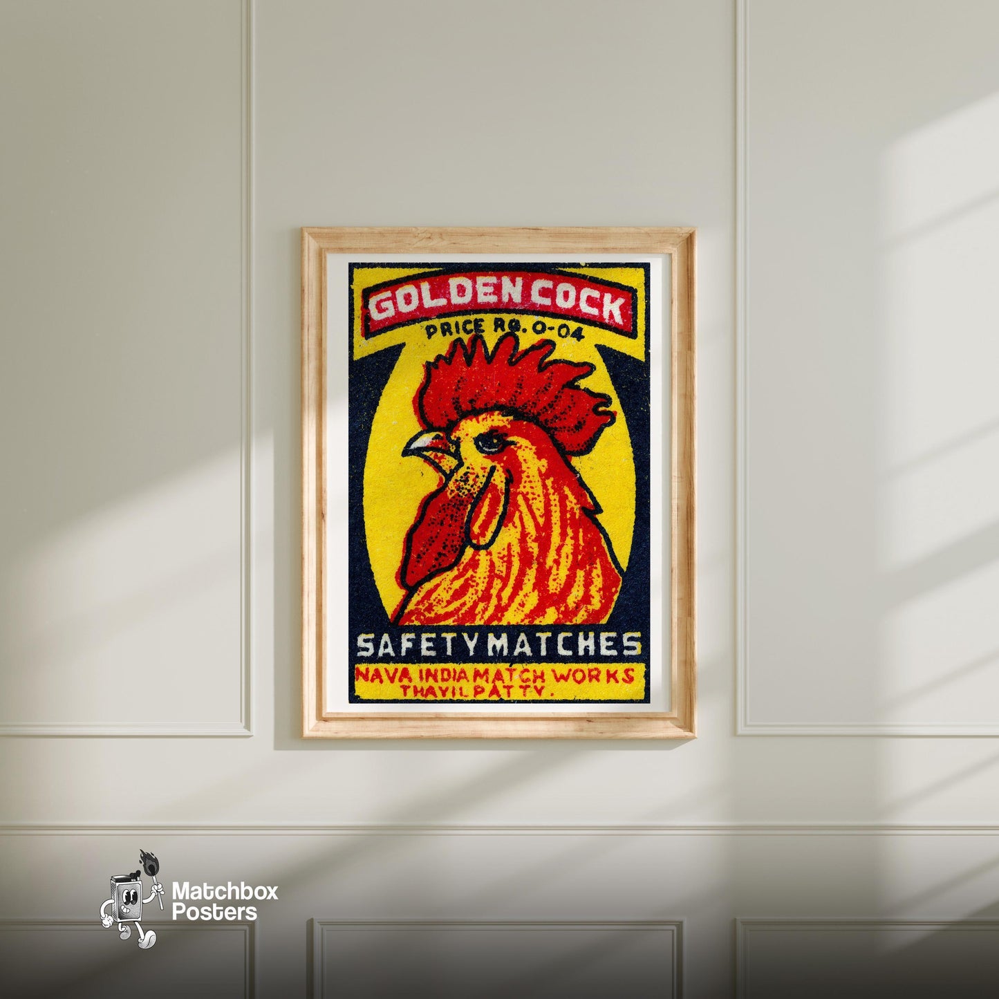 Golden Cock - vintage matchbox label print - bedroom mockup