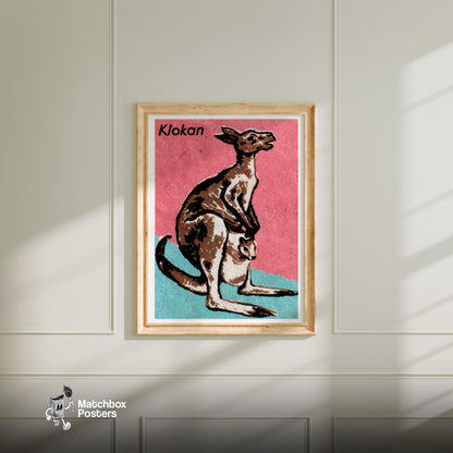 Kangaroo and Joey - vintage matchbox label print - bedroom mockup
