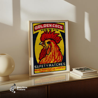 Golden Cock - vintage matchbox label print - size comparison