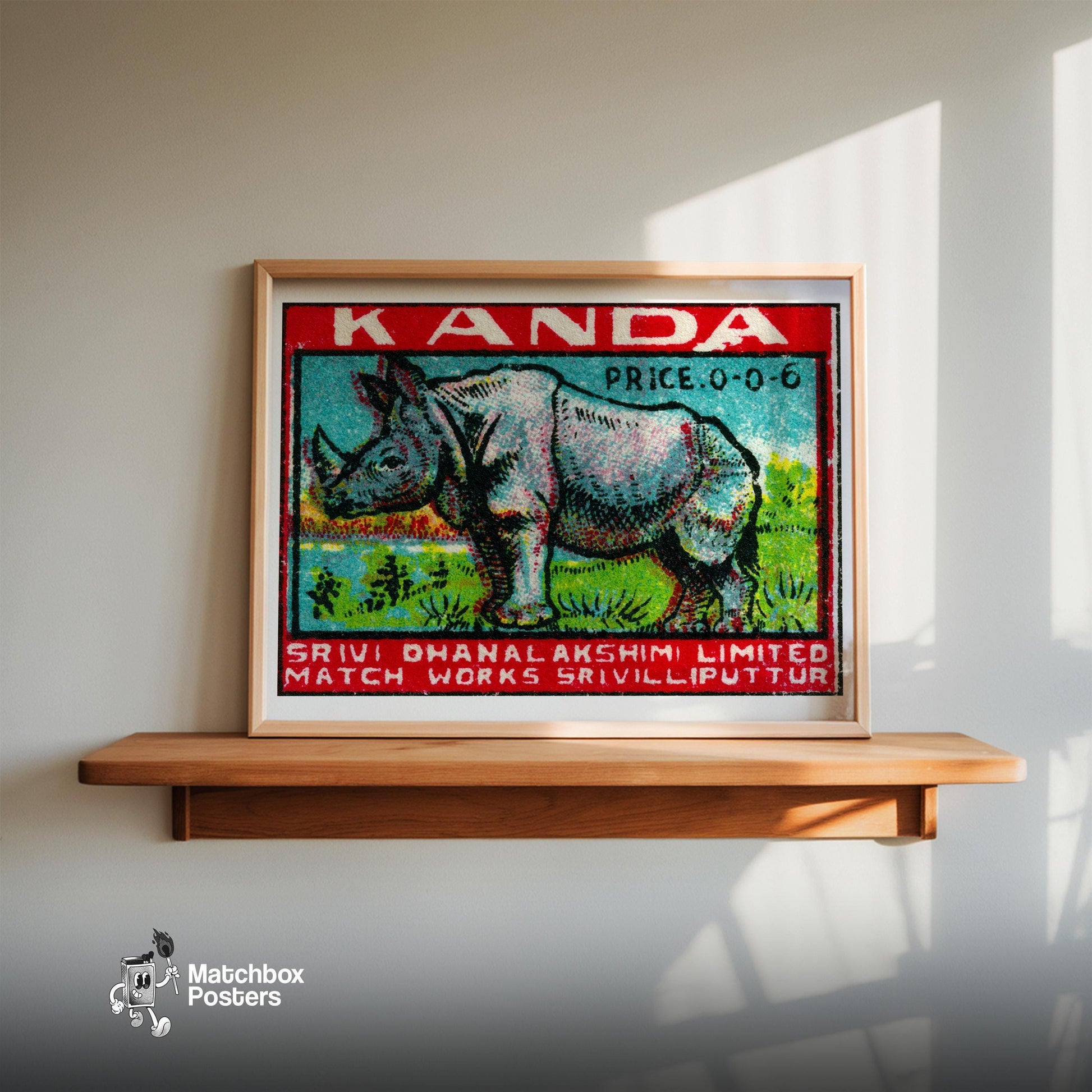 Rhinoceros - vintage matchbox label print - size comparison