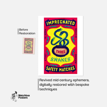 Three Snakes - vintage matchbox label print - framed wall art preview