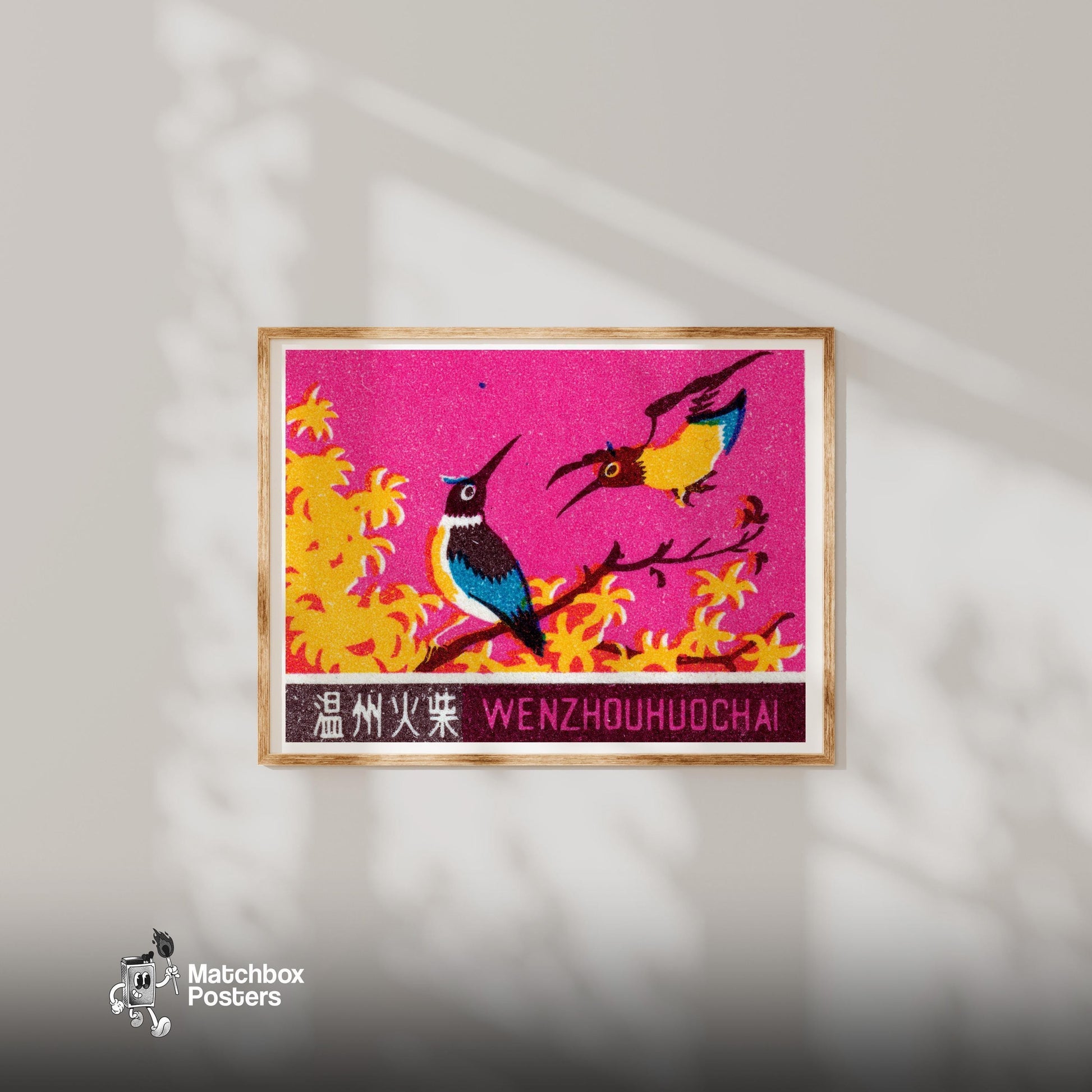 Two Colorful Birds WENZHOUHUOCHAI - vintage matchbox label print - bedroom mockup