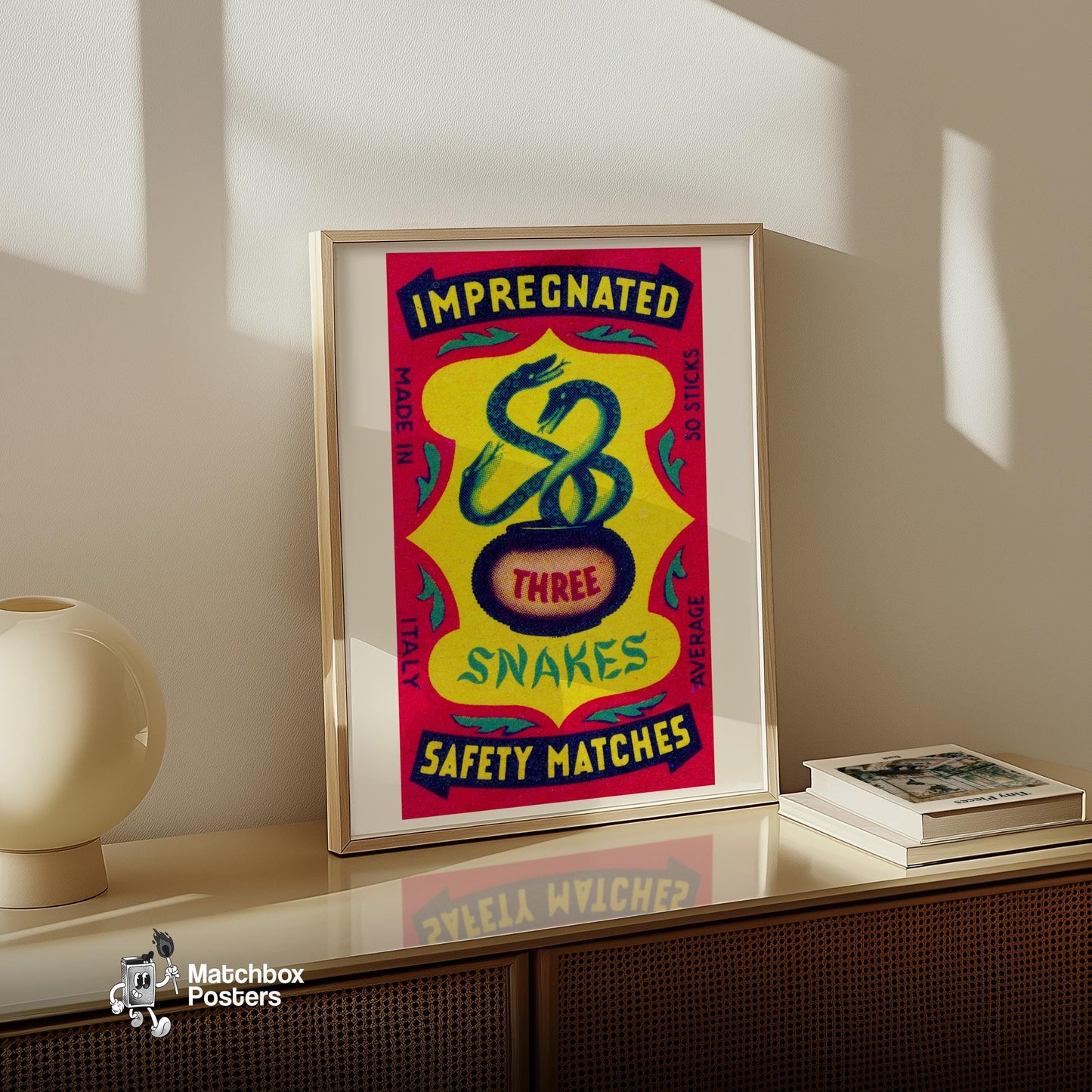 Three Snakes - vintage matchbox label print - size comparison